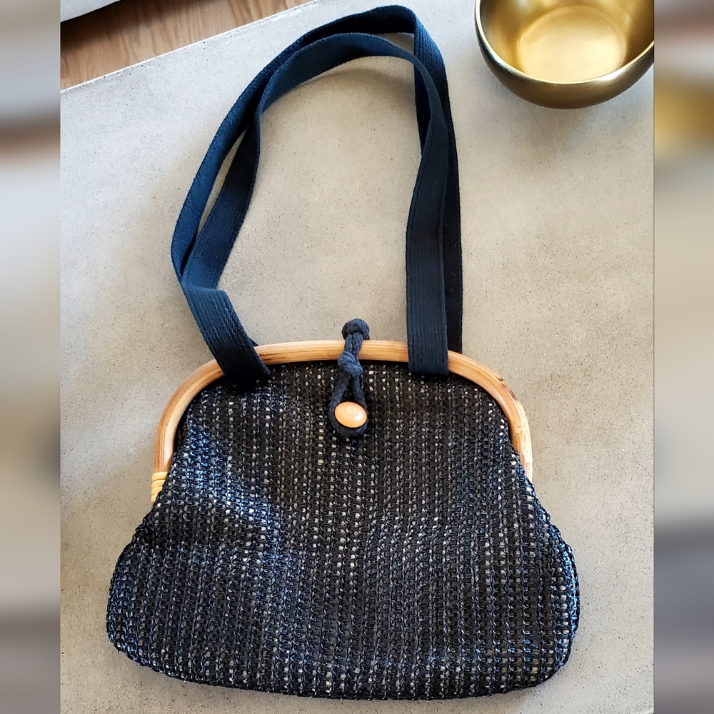 Vintage 1950's Black Woven Rafia Overlay Bamboo Frame Shoulder Bag, EUC